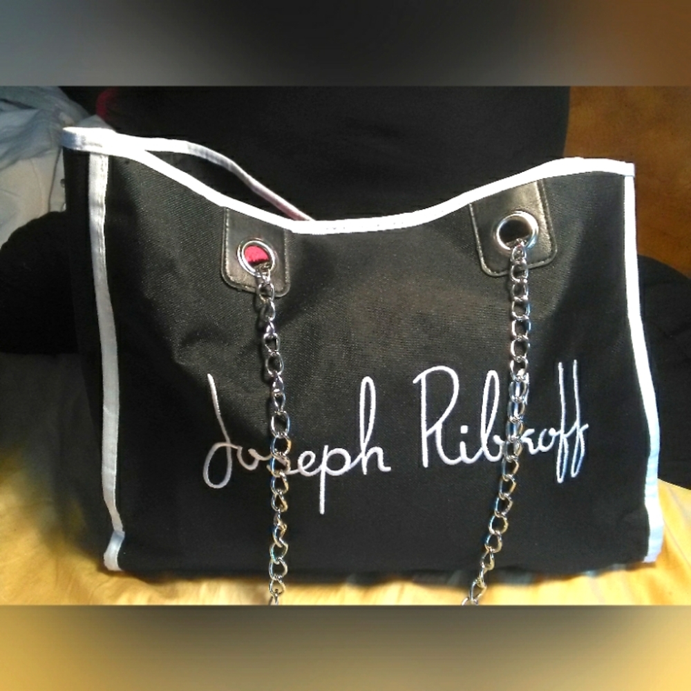 Joseph Ribkoff Black/White SIGNATURE Tote W/ Chain Handles Beautiful Condition